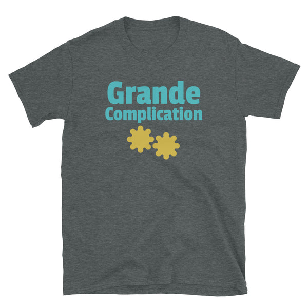 Grande Complication watch geek and watch lovers t-shirt written in bold blue font with orange cog wheels on this dark grey cotton t-shirt by BillingtonPix