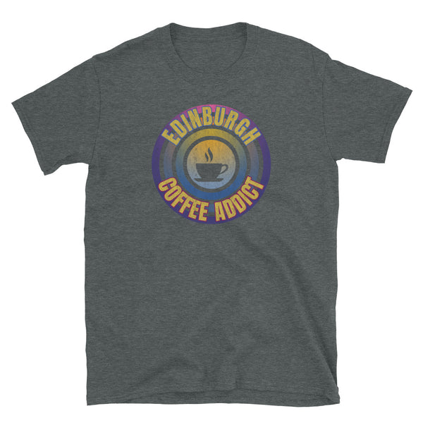 Concentric circular design of retro 80s metallic colours and the slogan Edinburgh Coffee Addict with a coffee cup silhouette in the centre. Distressed and dirty style image for a vintage Retrowave look on this dark grey cotton t-shirt by BillingtonPix