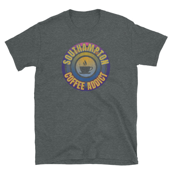Concentric circular design of retro 80s metallic colours and the slogan Southampton Coffee Addict with a coffee cup silhouette in the centre. Distressed and dirty style image for a vintage Retrowave look on this dark grey cotton t-shirt by BillingtonPix
