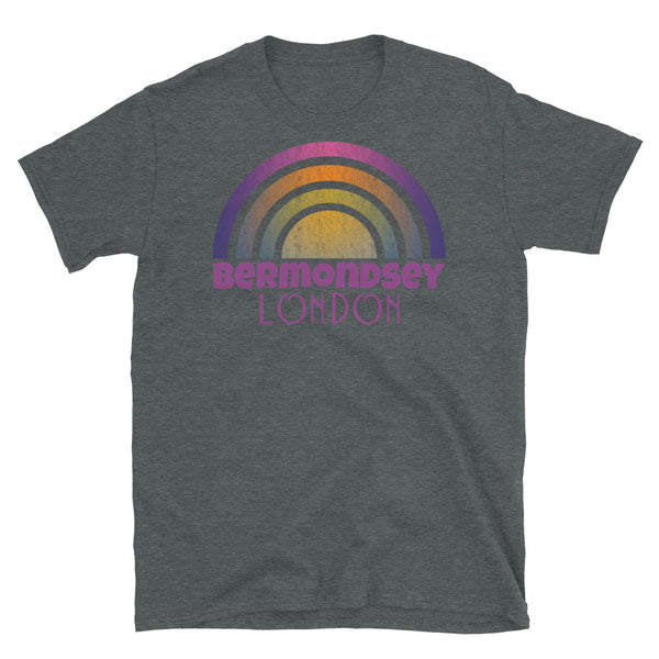 Retrowave 80s style graphic design t shirt depicting the London neighbourhood of Bermondsey on this dark grey cotton t-shirt