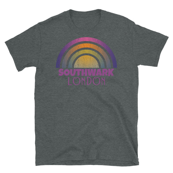 Retrowave 80s style graphic vintage sunset design t shirt depicting the London neighbourhood of Southwark on this dark grey cotton t-shirt