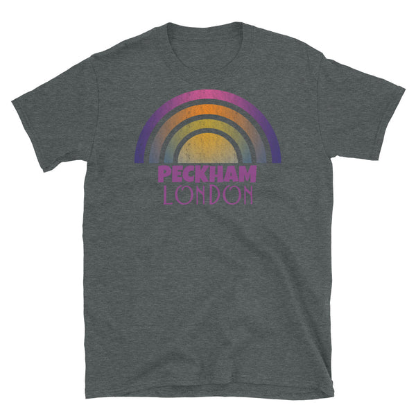 Retrowave 80s style graphic vintage sunset design t shirt depicting the London neighbourhood of Peckham on this dark grey cotton t-shirt