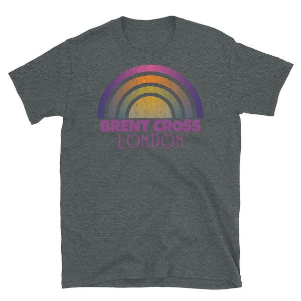 Retrowave 80s style graphic vintage sunset design t shirt depicting the London neighbourhood of Brent Cross on this dark grey cotton t-shirt