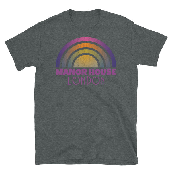 Retrowave and Vaporwave 80s style graphic vintage sunset design tee depicting the London neighbourhood of Manor House on this dark grey black cotton t-shirt