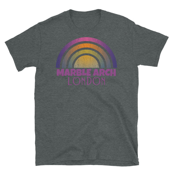 Retrowave and Vaporwave 80s style graphic vintage sunset design tee depicting the London neighbourhood of Marble Arch on this dark grey cotton t-shirt