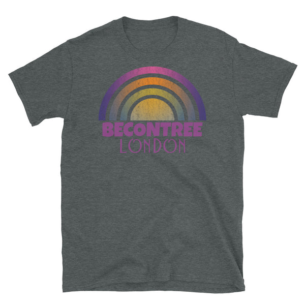 Retrowave and Vaporwave 80s style graphic vintage sunset design tee depicting the London neighbourhood of Becontree on this dark grey cotton t-shirt