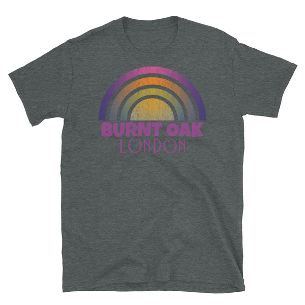 Retrowave and Vaporwave 80s style graphic vintage sunset design tee depicting the London neighbourhood of Burnt Oak on this dark grey cotton t-shirt