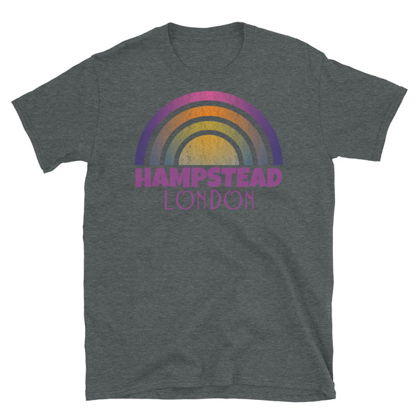 Retrowave and Vaporwave 80s style graphic vintage sunset design tee depicting the London neighbourhood of Hampstead on this dark grey cotton t-shirt