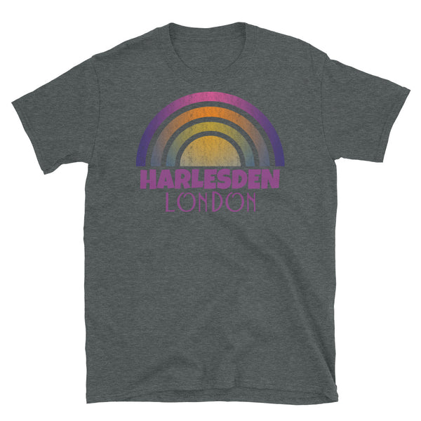 Retrowave and Vaporwave 80s style graphic vintage sunset design tee depicting the London neighbourhood of Harlesden on this dark grey cotton t-shirt
