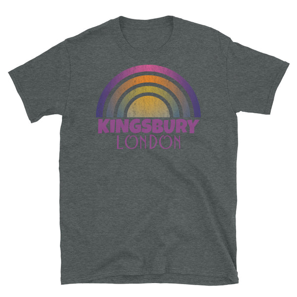 Retrowave and Vaporwave 80s style graphic vintage sunset design tee depicting the London neighbourhood of Kingsbury on this dark grey cotton t-shirt