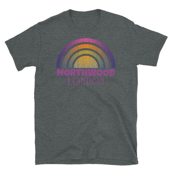 Retrowave and Vaporwave 80s style graphic vintage sunset design tee depicting the London neighbourhood of Northwood on this dark grey cotton t-shirt