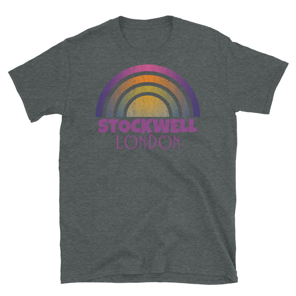 Retrowave and Vaporwave 80s style graphic vintage sunset design tee depicting the London neighbourhood of Stockwell on this dark grey cotton t-shirt