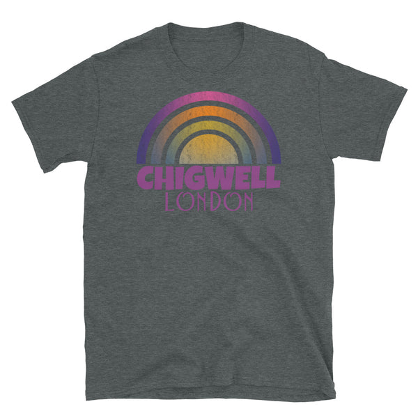 Retrowave and Vaporwave 80s style graphic vintage sunset design tee depicting the London neighbourhood of Chigwell on this dark grey cotton t-shirt