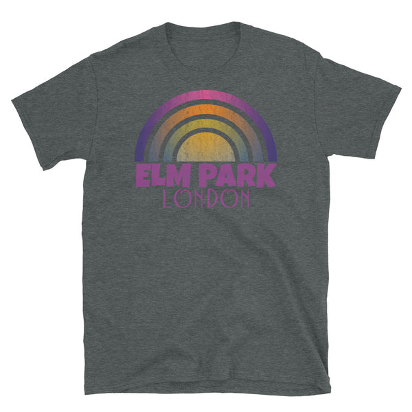 Retrowave and Vaporwave 80s style graphic vintage sunset design tee depicting the London neighbourhood of Elm Park on this dark grey souvenir cotton t-shirt