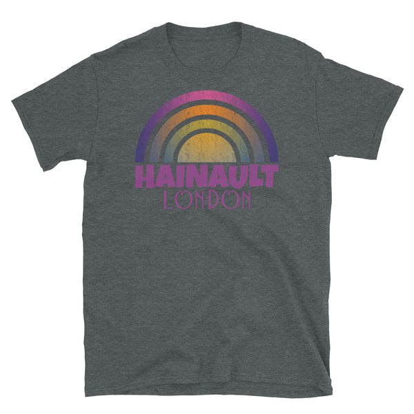 Retrowave and Vaporwave 80s style graphic vintage sunset design tee depicting the London neighbourhood of Hainault on this dark grey souvenir cotton t-shirt