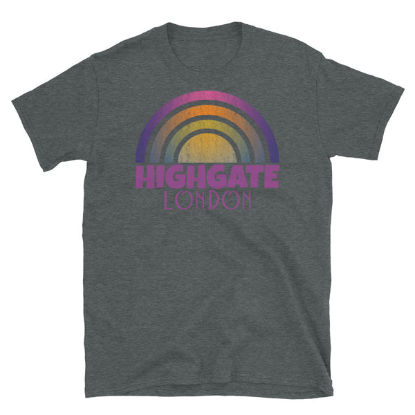 Retrowave and Vaporwave 80s style graphic vintage sunset design tee depicting the London neighbourhood of Highgate on this dark grey souvenir cotton t-shirt