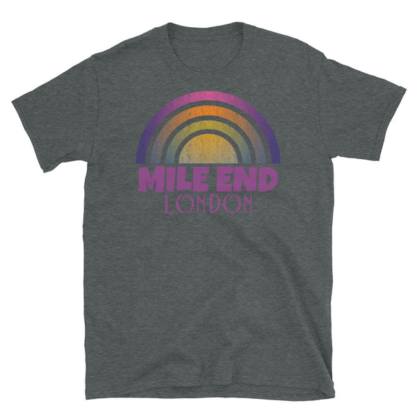 Retrowave and Vaporwave 80s style graphic vintage sunset design tee depicting the London neighbourhood of Mile End on this dark grey souvenir cotton t-shirt