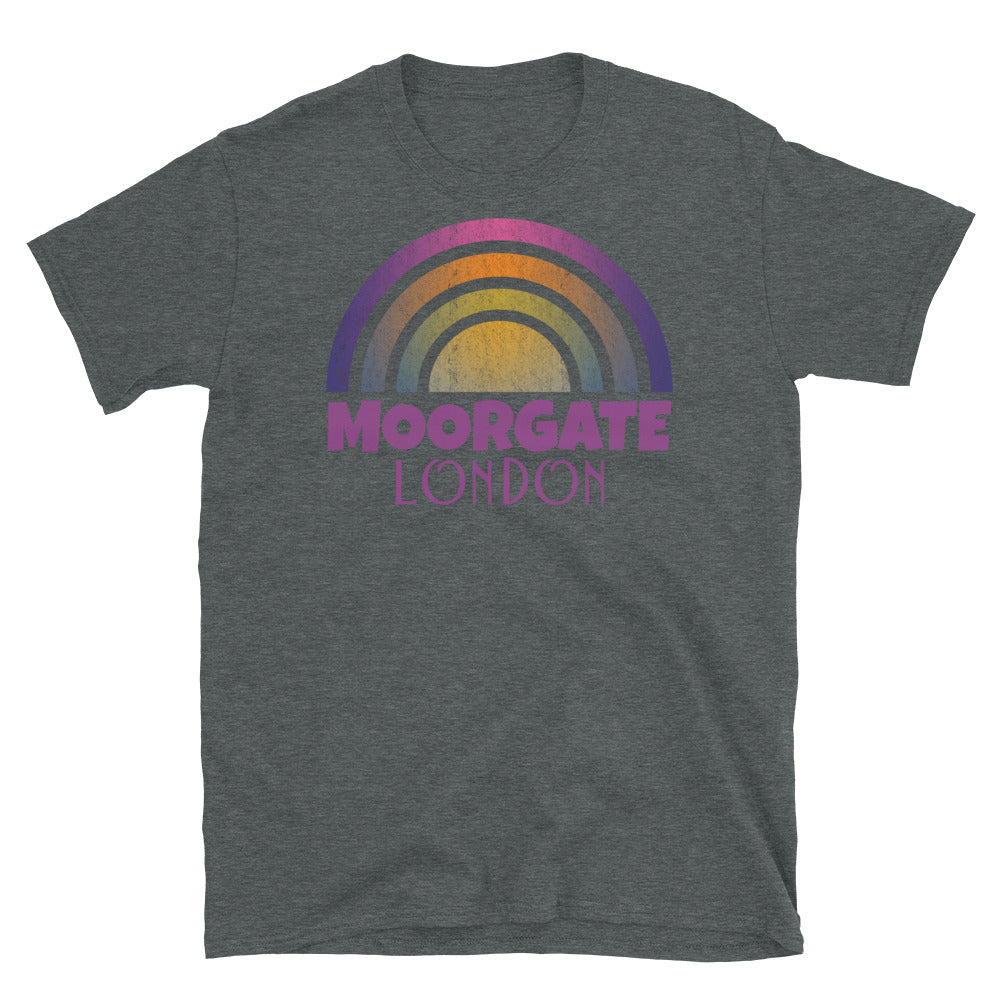 Retrowave and Vaporwave 80s style graphic vintage sunset design tee depicting the London neighbourhood of Moorgate on this dark grey souvenir cotton t-shirt