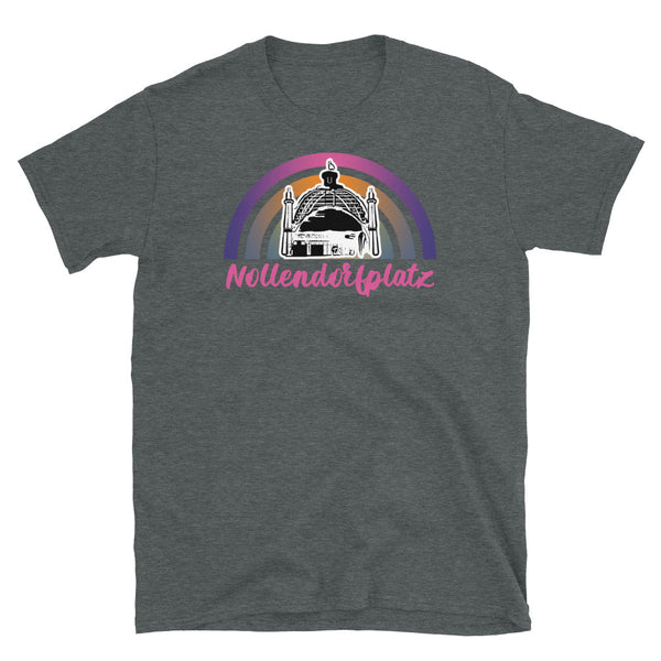Cartoon outline of the U-Bahn station dome overlaying our concentric sunset graphic design in pinks, orange and purple with the word Nollendoftplatz written beneath in pink cursive font on this dark grey cotton graphic t-shirt by BillingtonPix