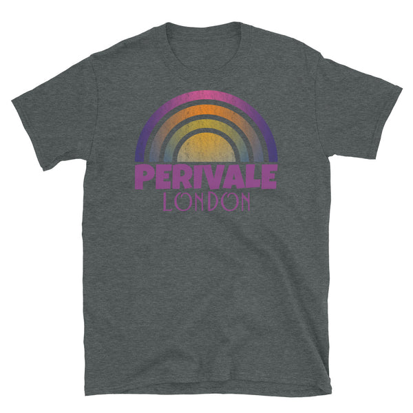Retrowave and Vaporwave 80s style graphic vintage sunset design tee depicting the London neighbourhood of Perivale on this dark grey souvenir cotton t-shirt