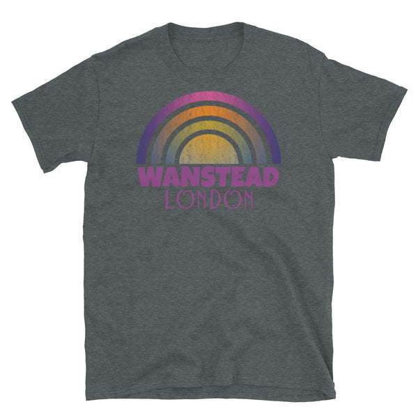 Retrowave and Vaporwave 80s style graphic gritty vintage sunset design tee depicting the London neighbourhood of Wanstead on this dark grey souvenir cotton t-shirt