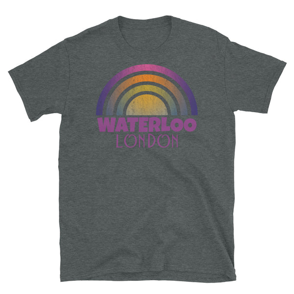 Retrowave and Vaporwave 80s style graphic gritty vintage sunset design tee depicting the London neighbourhood of Waterloo on this dark grey souvenir cotton t-shirt