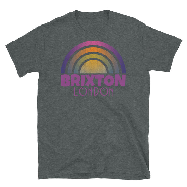 Retrowave and Vaporwave 80s style graphic gritty vintage sunset design tee depicting the London neighbourhood of Brixton on this dark grey souvenir cotton t-shirt