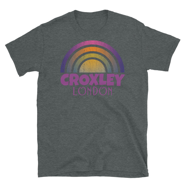 Retrowave and Vaporwave 80s style graphic gritty vintage sunset design tee depicting the London neighbourhood of Croxley on this dark grey souvenir cotton t-shirt