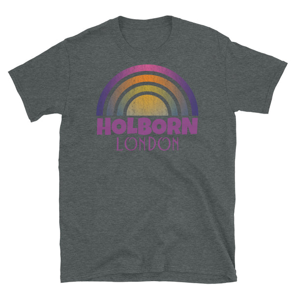 Retrowave and Vaporwave 80s style graphic gritty vintage sunset design tee depicting the London neighbourhood of Holborn on this dark grey souvenir cotton t-shirt