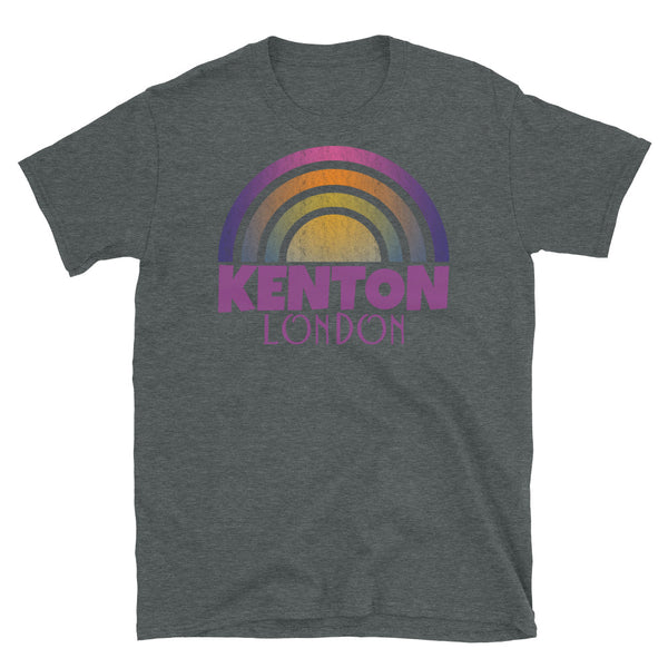 Retrowave and Vaporwave 80s style graphic gritty vintage sunset design tee depicting the London neighbourhood of Kenton on this dark grey souvenir cotton t-shirt