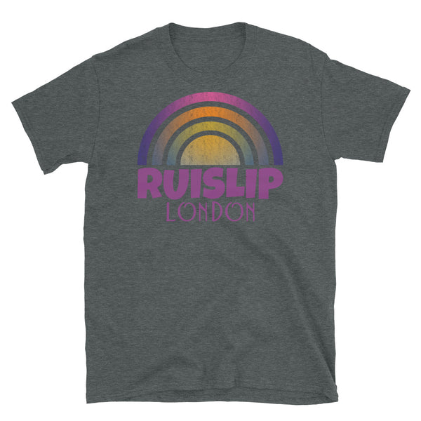 Retrowave and Vaporwave 80s style graphic gritty vintage sunset design tee depicting the London neighbourhood of Ruislip on this dark grey souvenir cotton t-shirt