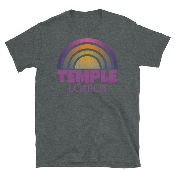 Retrowave and Vaporwave 80s style graphic gritty vintage sunset design tee depicting the London neighbourhood of Temple on this dark grey souvenir cotton t-shirt