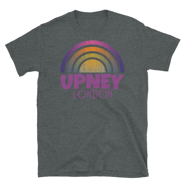 Retrowave and Vaporwave 80s style graphic gritty vintage sunset design tee depicting the London neighbourhood of Upney on this dark grey souvenir cotton t-shirt