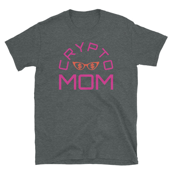Crypto Mom funny graphic meme t-shirt with the words Crypto Mom in pink font and a pair of orange female glasses containing dollar or $ signs on this dark grey cotton short sleeved t-shirt by BillingtonPix