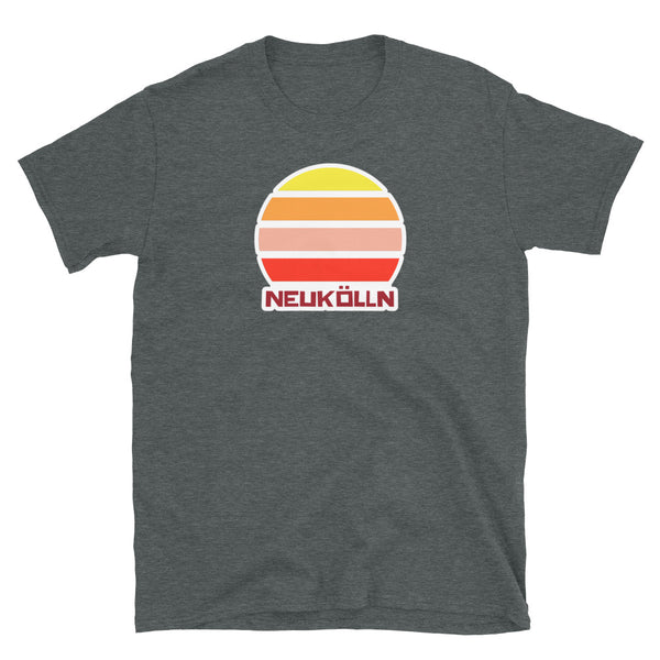 Neukölln Berlin LGBT themed t-shirt with a vintage sunset graphic in yellow, orange, pink and scarlet and the place name Kreuzberg beneath on this dark grey cotton t-shirt by BillingtonPix