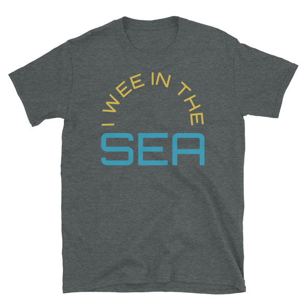 Funny meme slogan t-shirt containing the phrase I Wee in the Sea in yellow and blue font on this dark grey t-shirt by BillingtonPix