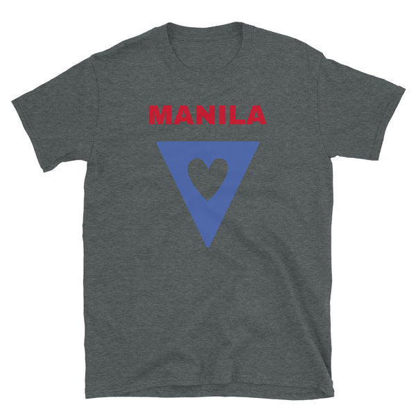 Manila slogan featuring a blue triangular shaped flag containing a cutout heart on this dark grey t-shirt by BillingtonPix