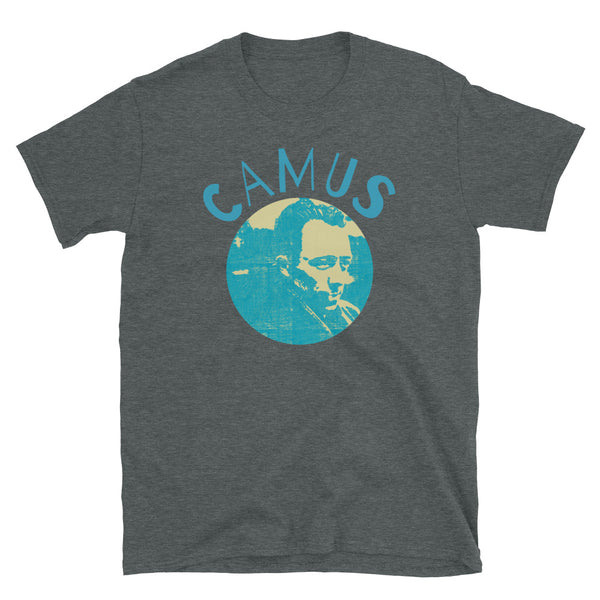 Circular image of Camus in a retro blue faded outline against a cream background with the word Camus wrapped around the top on this dark grey cotton t-shirt by BillingtonPix