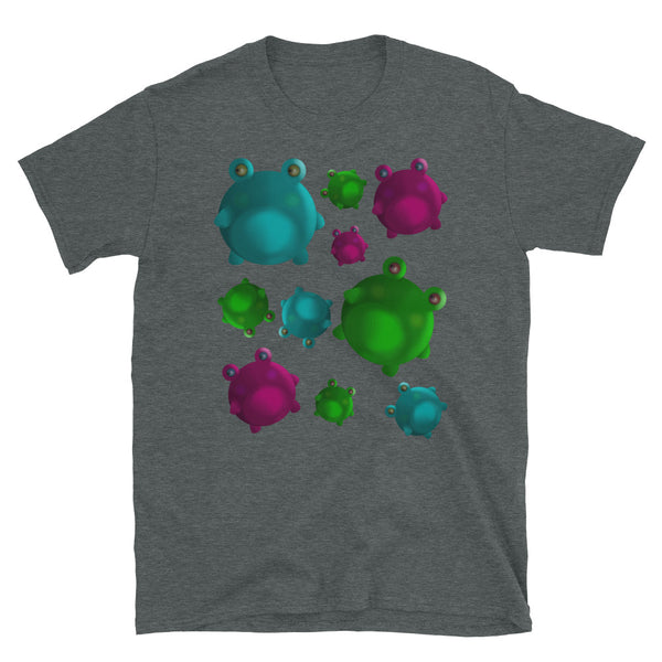 Multicoloured jumbled falling frogs with a grumpy expression in this Japanese kawaii style white dark heather t-shirt by BillingtonPix