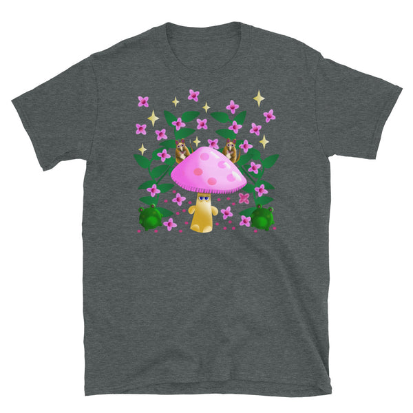 Cottagecore and kawaii style graphic t-shirt design, featuring mushrooms, frogs, field mice, flowers and leaves in a cute design on this dark heather cotton t shirt by BillingtonPix