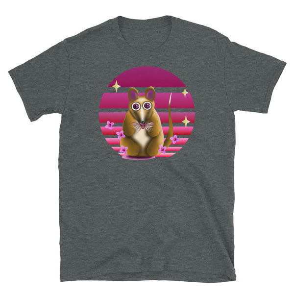 Brown woodland creature like a rat or mouse with large purple eyes stands in front of a pink vintage sunset with flowers and stars on this dark grey cotton t-shirt by BillingtonPix