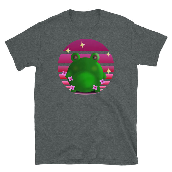 Grumpy green frog stands in front of a pink / purple vintage sunset with blossom and stars on this dark heather cotton graphic t shirt by BillingtonPix 