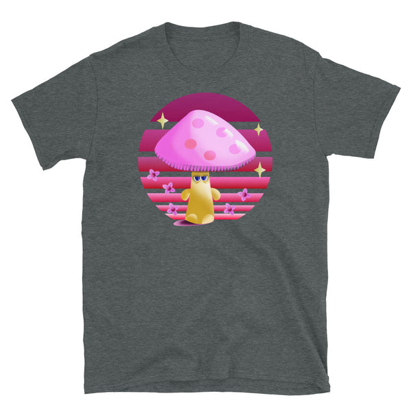 Yellow and pink grumpy mushroom stands in front of a purple vintage sunset with stars and blossom on this dark heather cotton graphic t-shirt by BillingtonPix
