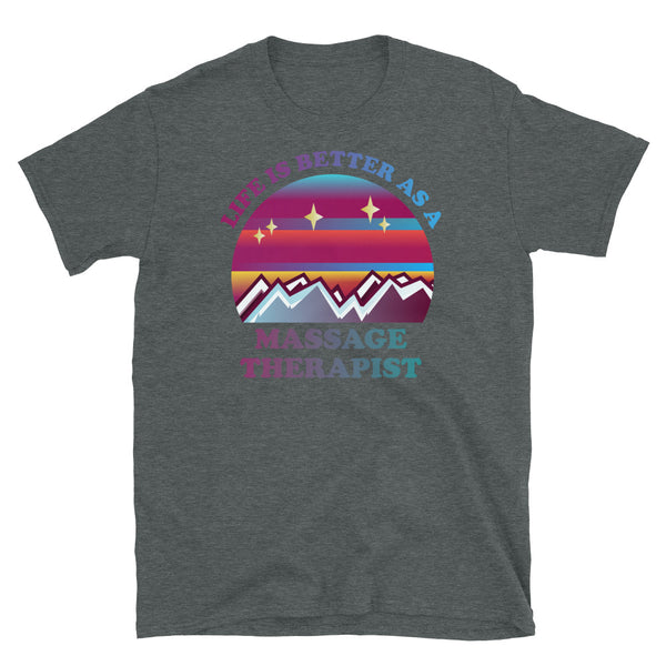 Life is better as a massage therapist vintage style sunset, mountains and stars in a pink and blue 80s retrowave style design on this dark heather cotton t-shirt by BillingtonPix