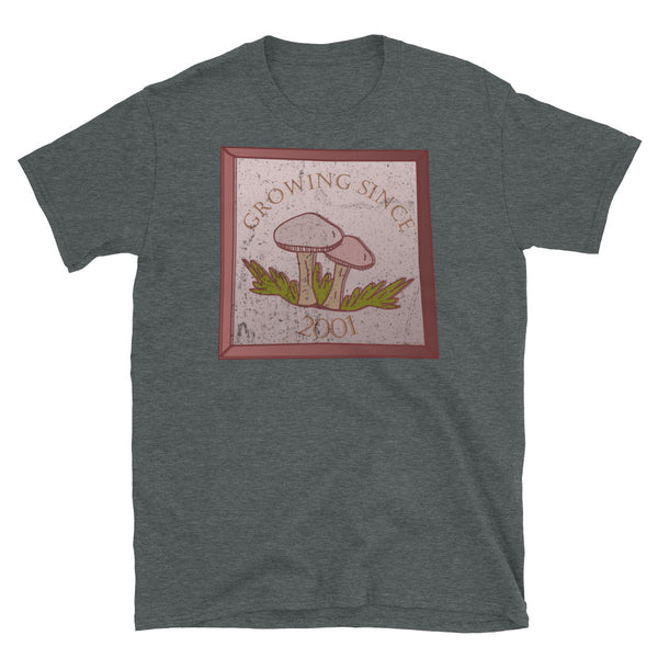 Growing since 2001 cute Goblincore style design with two mushrooms in muted tones and a glass framed effect with distressed look on this dark heather cotton t-shirt by BillingtonPix