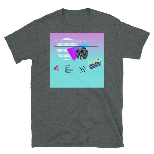 80s / 90s Vaporwave style design in a nod to the old video cassette cases with Japanese script which translates as Get Me Out of This Script. Mildly political message around Brexit and the global pandemic. Abstract vintage sunset and monstera leaf and grumpy cupcakes symbolising the sunlit uplands of Brexit. A tick box list of Lo-Fi, VHS, Betamax or Brexit signals the choices we are left with. Design sits against a gradient of turquoise blue and pink. Dark heather t-shirt by BillingtonPix
