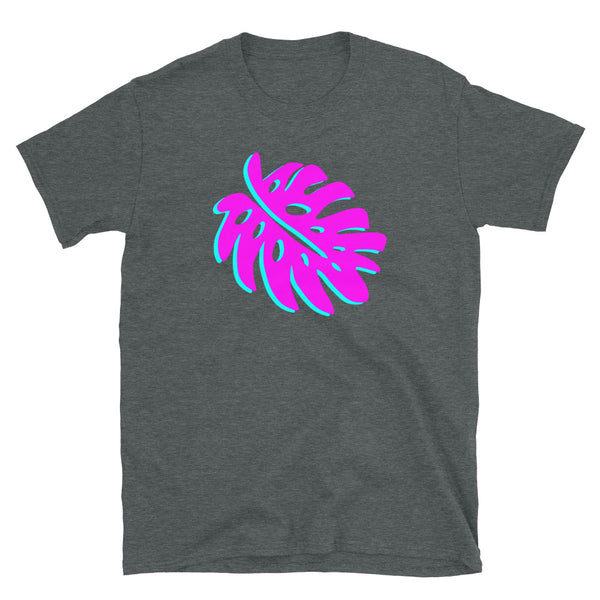 Vaporwave retrowave monstera leaf cheese plant leaf in pink and blue with 90s style glitch on this retro design dark grey t-shirt by BillingtonPix