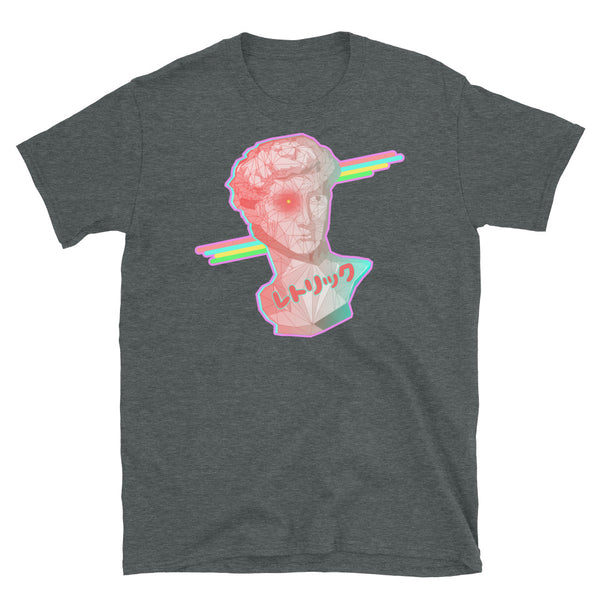 Retrowave design t-shirt in a 90s Dreamwave style featuring Michelangelo's David containing a grid format overlay and a gradient pastel tone from pink to blue. In the background, behind the statue bust, are some 90s disco stripes and at the base is the Japanese word レトリック or Rhetoric. The bust contains a turquoise blue glitch which protrudes from the left hand side. Surrounding the entire composition is a pastel pink outline on this dark heather cotton t-shirt by BillingtonPix