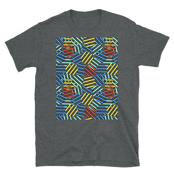 Colourful 80s Memphis design graphic t-shirt consisting of circular pattern overlays in red, yellow, orange and blue on this dark heather tee by BillingtonPix