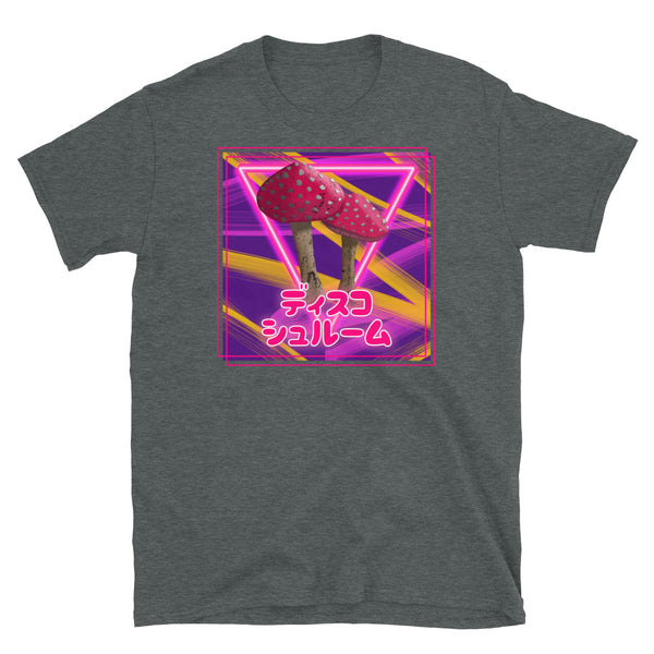 Disco Shroom t-shirt with a neonwave style design, neon lighting, stripes and vibe in tones of pink, red and yellow. Shows two mushrooms in the centre in front of a neon triangle and the Japanese words ディスコ シュルーム meaning Disco Shroom on this dark heather cotton t-shirt by BillingtonPix
